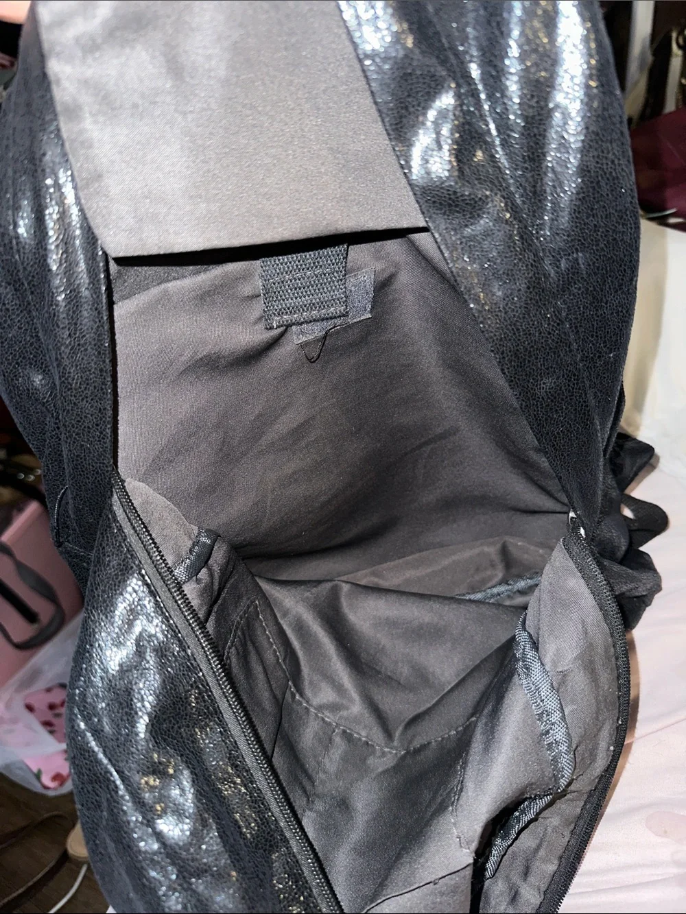 NWOT Beginning Boutique Black Shiny Leather Backpack silver acc pocket adjust